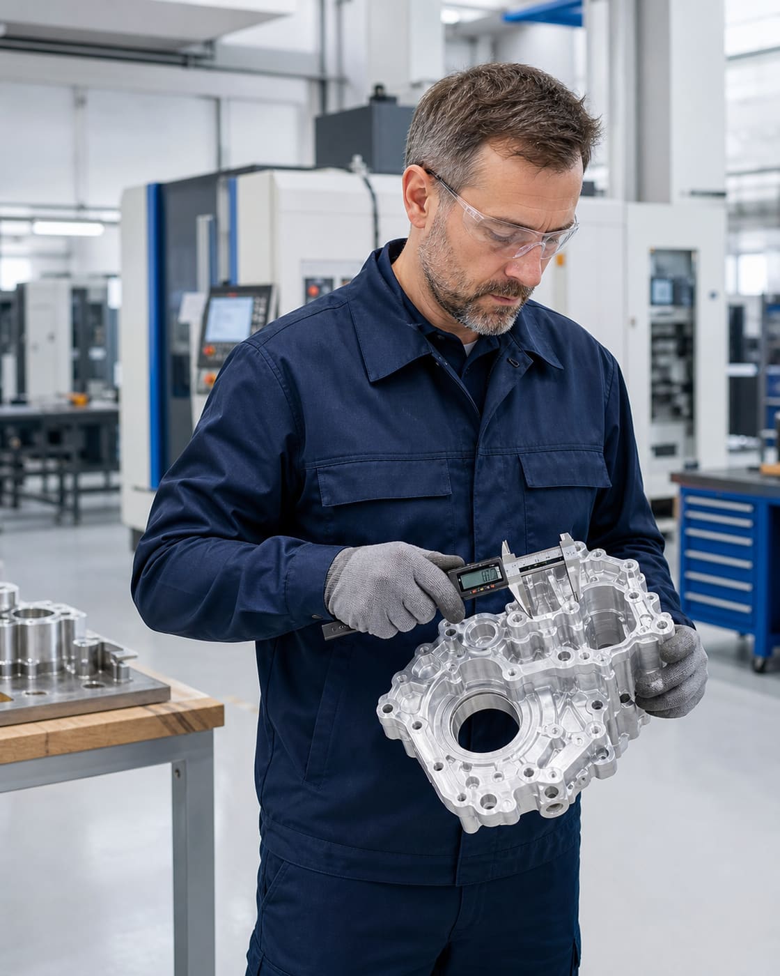 Manufacturing engineer inspecting a precision-machined component.